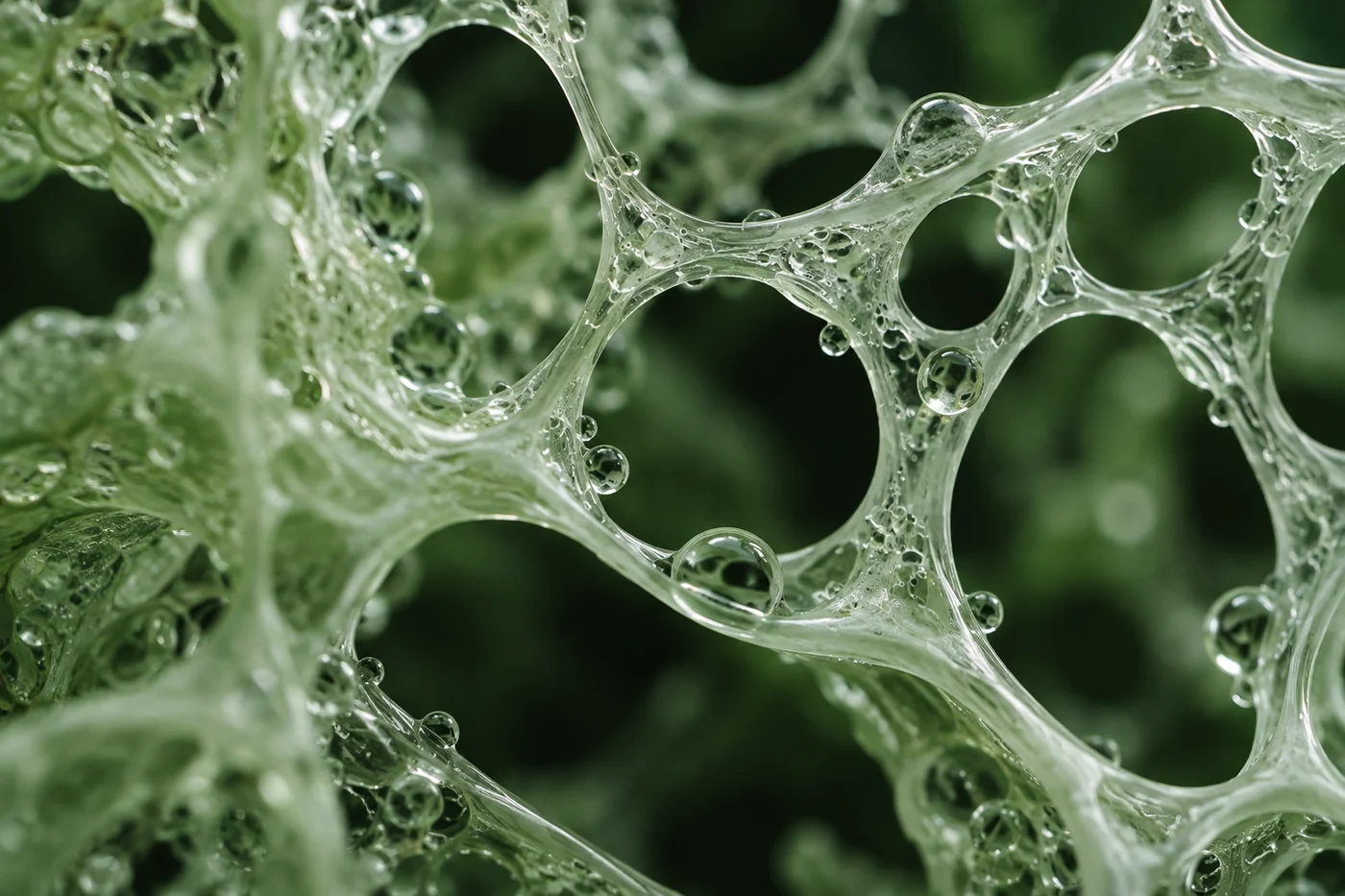 Artistic visualization of translucent green biomaterial structures